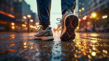 uma pessoa caminhando dentro a chuva em uma cidade rua, generativo ai foto