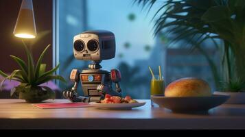 uma robô sentado às uma mesa com uma prato do comida, generativo ai foto