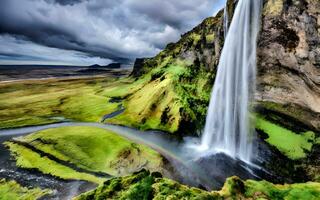 da natureza hipnotizante espetáculo, uma cativante instantâneo do uma arco Iris arqueamento graciosamente sobre uma majestoso cascata. ai gerado foto