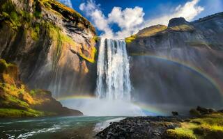 da natureza hipnotizante espetáculo, uma cativante instantâneo do uma arco Iris arqueamento graciosamente sobre uma majestoso cascata. ai gerado foto