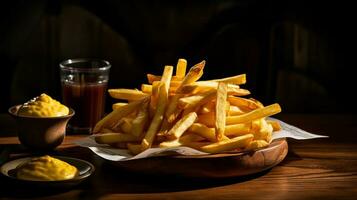 uma cesta do francês fritas Próximo para uma cesta do ketchup, generativo ai foto