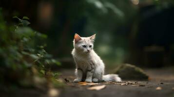 uma gato em pé dentro a meio do uma floresta , generativo ai foto