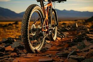 foco em plano pneu montanha bicicleta marginalizado em trilha, aguardando pneu reparar ai gerado foto