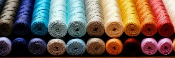 macro detalhes do algodão têxtil exibindo variado fio conta uma estude foto