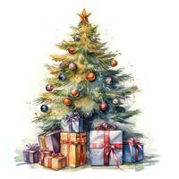 aguarela Natal árvore com presente caixas e brinquedos. aguarela vintage verde clássico Natal árvore. feriado ilustração para projeto, imprimir, tecido ou fundo. generativo ai foto