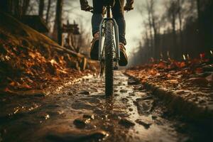 traseiro tiro montanha bicicletas pneu e cavaleiros pé em rústico sujeira trilha ai gerado foto