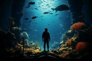 aquários aquático mundo cativa uma homem dentro tranquilo fascinação ai gerado foto