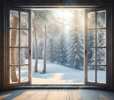 Visão através a janela do uma chalé para dentro uma coberto de neve inverno floresta. criada com generativo ai tecnologia. foto