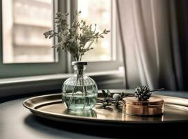 cana difusor e vaso com ramalhete em de madeira mesa de cabeceira dentro quarto. criada com generativo ai tecnologia foto