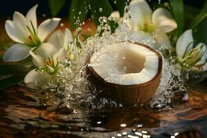 brincar paraíso, cocos, água respingo conjunto a etapa para beleza cuidados com a pele apresentação ai gerado foto