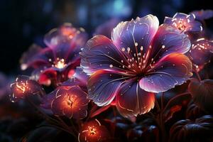 néon flora fantasia, vibrante luzes quadro, Armação folhas, criando uma hipnotizante luminoso fundo ai gerado foto