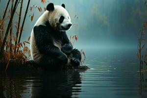 pandas sentar serenamente de uma enevoado floresta lagoa em a margem do rio ai gerado foto