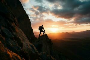 uma homem dentro dele 30s conquista uma montanha pico às pôr do sol ai gerado foto