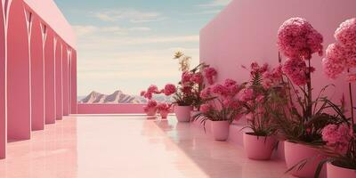 ai gerado. ai generativo. Rosa parede botânico flores plantar arquitetura. luxo acolhedor mínimo vibração fundo. gráfico arte foto