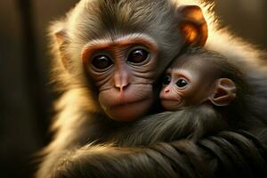 dentro amoroso braços, uma macaco mãe nutre dela precioso pequeno 1 ai gerado foto
