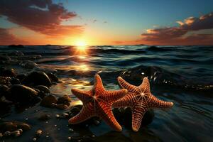 pôr do sol abraçar, dois estrelas do mar encontrar repouso em arenoso de praia de tranquilo mar ai gerado foto