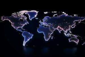 néon pontos forma mundo mapa, vividamente retratando a essência do globalização ai gerado foto
