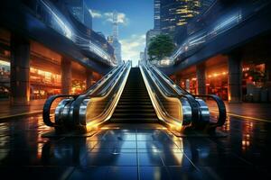 urbano transição, comovente escada rolante marcas entrada ponto para contemporâneo metrô estação viagem ai gerado foto