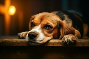 beagle veterano relaxa, cabeça aninhado em patas, dentro concurso ambiente ai gerado foto