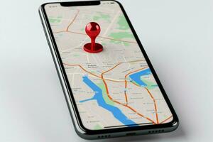 Smartphone mostrar. 3d render com vermelho mapa ponteiro ícone ai gerado foto