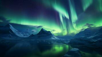 cativante Largo ângulo tiro do a encantador aurora boreal iluminador a noite céu foto