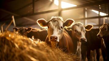 vacas dentro uma estábulo às pôr do sol foto