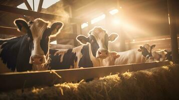vacas dentro uma Fazenda. vacas dentro uma estábulo às pôr do sol foto
