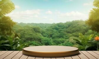 de madeira Cosmético produtos exibição pódio com exuberante verde natureza jardim fundo, produtos pódio foto