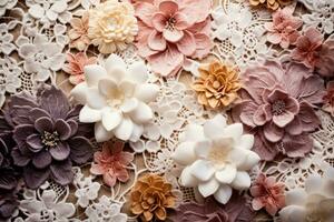 detalhado imagens exibindo vintage floral renda padrões em pastel têxtil fundos foto