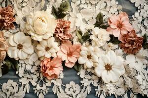 detalhado imagens exibindo vintage floral renda padrões em pastel têxtil fundos foto