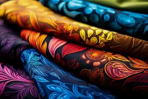 detalhado batik padrões exibido em vibrante tingido têxtil fundos foto