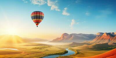 ai gerado. ai generativo. quente ar balão cênico Visão às natureza ao ar livre lindo areia montanha rio panorama. gráfico arte foto