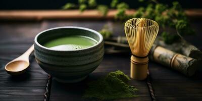ai gerado. ai generativo. tradicional japonês ásia matcha chá cerimônia. tigela, de madeira seco orgânico colher pó. gráfico arte foto