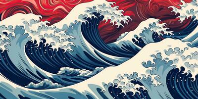 ai gerado. ai generativo.vintage retro velho estilo desenhado pintura mar oceano rio água ondas dentro mínimo japonês estilo. marinho e náutico ilustração. gráfico arte foto