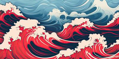 ai gerado. ai generativo.vintage retro velho estilo desenhado pintura mar oceano rio água ondas dentro mínimo japonês estilo. marinho e náutico ilustração. gráfico arte foto