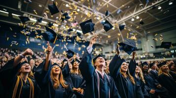 graduando classe jogando seus chapéus dentro celebração foto