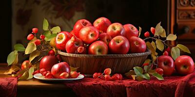 ai gerado. ai generativo. outono outono fresco orgânico vermelho maçãs dentro de madeira cesta. gráfico arte foto