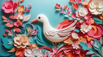 pássaro e flor papel arte estilo abstrato fundo ilustração. ai gerado foto