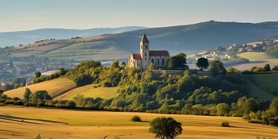 ai gerado. ai generativo. lindo natureza ao ar livre panorama com Igreja em uma Colina campo Prado fundo. gráfico arte foto