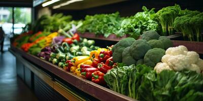 ai gerado. ai generativo. fresco orgânico eco Comida dieta legumes em mercado loja fazer compras prateleira. saudável brilhante Comida. gráfico arte foto