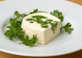 agricultores chalé queijo dentro uma tradicional argila tigela, Próximo para uma de madeira colher, uma Sombrio de madeira fundo. fechar-se, seletivo foco. criada com generativo ai tecnologia. foto