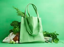 plástico livre conjunto com algodão bolsa, vidro jarra, verde folhas e reciclado talheres topo visualizar. zero desperdício, eco amigáveis conceito. plano deitar criada com generativo ai tecnologia. foto