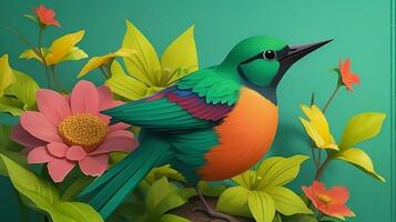 vividamente abstraído, uma 3d estilizado colorida ilustração imagem com pássaros e flores ai gerado foto