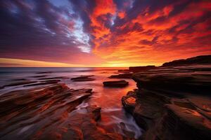 lindo seascape. composição do natureza. vermelho céu. australiano marinha às nascer do sol com rico dentro vermelho cor nuvem formação, ai gerado foto