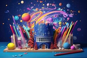 3d ilustração do fantasia cena com fantasia castelo, planetas e estrelas, costas para escola conceito. aberto caderno com escola suprimentos, ai gerado foto