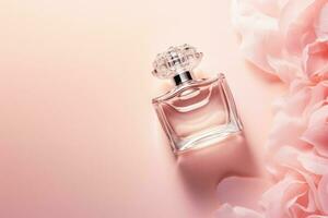 perfume garrafa com flor em luz Rosa fundo, generativo ai. foto
