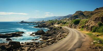 ai gerado. ai generativo. estrada às litoral de praia mar oceano aventura viagem viagem viagem panorama fundo. gráfico arte foto