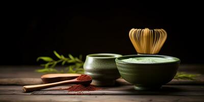 ai gerado. ai generativo. tradicional japonês ásia matcha chá cerimônia. tigela, de madeira seco orgânico colher pó. gráfico arte foto