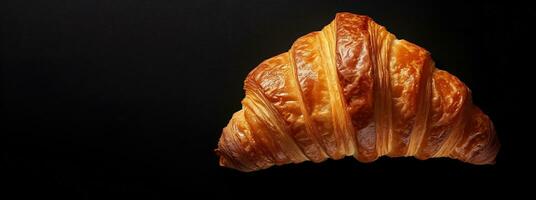 generativo ai, fresco croissant em Sombrio fundo com cópia de espaço, francês padaria foto