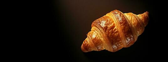 generativo ai, fresco croissant em Sombrio fundo com cópia de espaço, francês padaria foto